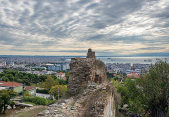 Poster - Aerial view from Walls of Thessaloniki, remains of Byzantine walls surrounding city of Thessaloniki during the Middle Ages, Greece