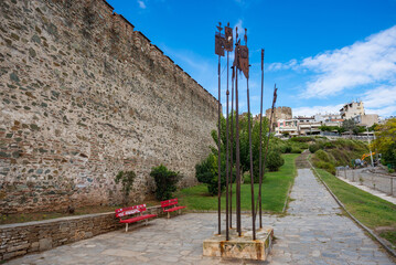 Sticker - Walls of Thessaloniki, remains of Byzantine walls surrounding city of Thessaloniki during the Middle Ages, Greece. Trigoniou tower on background