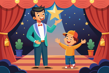 Aufkleber - Illustration of a smiling man in a suit holding a star, standing next to a happy child wearing a cap on a stage with red curtains and twinkling lights.