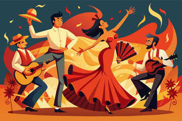 Illustration of five people engaged in a festive dance and music scene, featuring a flamenco dancer in a red dress, a male and female dancer in traditional attire, and a man playing guitar