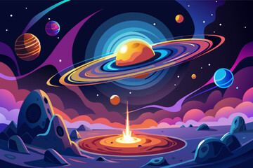 Fototapete - Colorful illustration of an outer space scene featuring planets with rings, a vibrant nebula, and a rocket launching from the surface of a rocky alien planet.