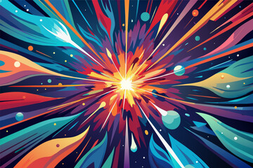 Fototapete - Colorful abstract illustration of an explosive burst of light with splashes of blue, orange, and pink hues, accompanied by floating circles and streaks.