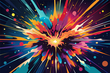 Aufkleber - Colorful abstract illustration of an explosive burst with streaks of blue, orange, and red emanating from a central bright light, set against a backdrop featuring stylized clouds and floating orbs.