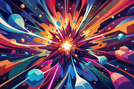 Colorful abstract illustration of an explosive burst of light with splashes of blue, orange, and pink hues, accompanied by floating circles and streaks.