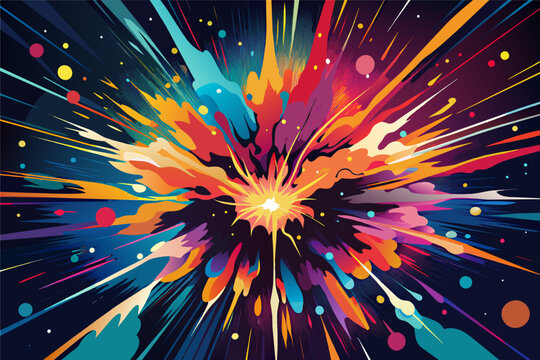 Colorful abstract illustration of an explosive burst with streaks of blue, orange, and red emanating from a central bright light, set against a backdrop featuring stylized clouds and floating orbs.