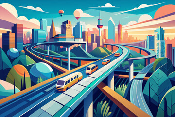 Fototapete - Colorful illustration of a futuristic city with a monorail train running through an elevated track, surrounded by skyscrapers, green parks, and a clear sky.