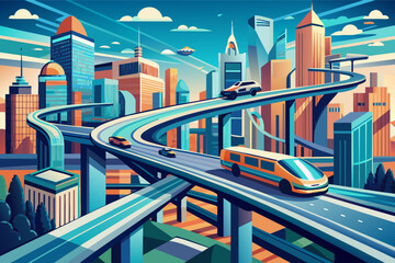 Fototapete - Colorful illustration of a futuristic city with a monorail train running through an elevated track, surrounded by skyscrapers, green parks, and a clear sky.