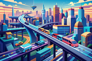 Fototapete - Colorful illustration of a futuristic city with a monorail train running through an elevated track, surrounded by skyscrapers, green parks, and a clear sky.