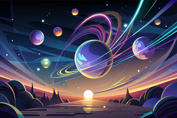 Poster - Vibrant digital artwork depicting a surreal, colorful outer space scene with multiple planets, swirling rings, and shooting comets against a starry sky
