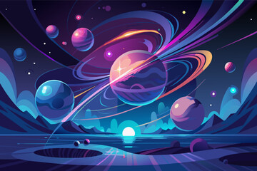 Fototapete - Vibrant digital artwork depicting a surreal, colorful outer space scene with multiple planets, swirling rings, and shooting comets against a starry sky