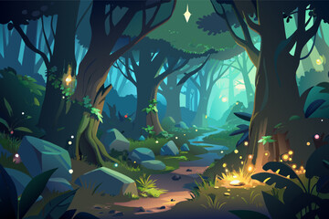 Poster - Mystical forest at twilight with glowing flowers and fireflies, featuring a winding path through dense, blue and green illuminated trees and rocks.