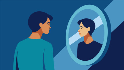 Wall Mural - A person staring at their reflection in a mirror with the reflection showing their inner conflict between honesty and deceit representing the Stoic. Vector illustration