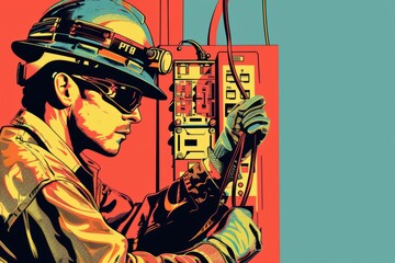 Wall Mural - A man wearing a hard hat is diligently working on a machine. He is focused and busy with his tasks, ensuring the machine operates efficiently