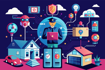 Fototapete - illustration of digitally connected smart city scene including a security officer with a laptop, houses, a car, and various digital icons representing security and technology such as shields