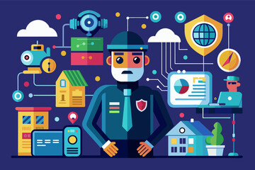 Fototapete - illustration of digitally connected smart city scene including a security officer with a laptop, houses, a car, and various digital icons representing security and technology such as shields