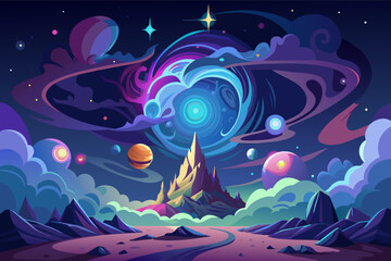 Leinwandbilder - Colorful illustration of a vibrant cosmic scene featuring a large fiery phoenix with Saturn-like rings surrounded by various stylized planets and stars,