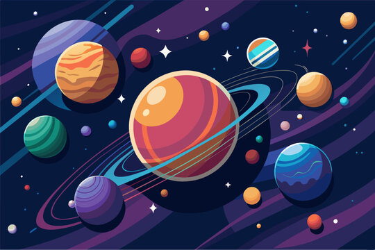 Colorful illustration of various stylized planets and stars against a dark space background, featuring orbits and planetary rings.