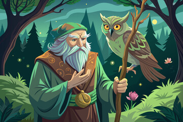 Wall Mural - Illustration of an elderly wizard with a long white beard and a green cloak, holding a staff, standing next to an owl perched on a branch in a lush, dense forest.