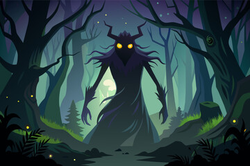 Wall Mural - Illustration of a mystical forest at night with a large, shadowy creature having glowing yellow eyes, standing among the trees under a moonlit sky.