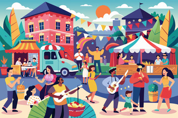 Colorful illustration of a vibrant street festival with diverse people dancing, playing music, and enjoying food under hanging banners and string lights