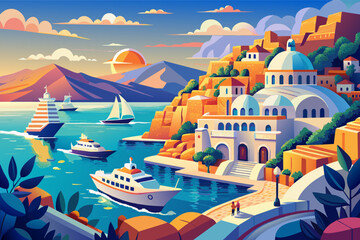 Colorful illustration of a Mediterranean coastal town at sunset, featuring a bay with boats and a cruise ship, surrounded by mountains and adorned with traditional white buildings with blue roofs.