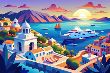 Wall Mural - Colorful illustration of a Mediterranean coastal town at sunset, featuring a bay with boats and a cruise ship, surrounded by mountains and adorned with traditional white buildings with blue roofs.