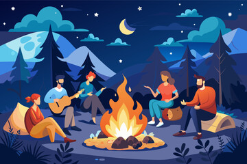 Poster - Illustration of a group of five people sitting around a campfire at night in a forest, with mountains in the background and a starry sky above.