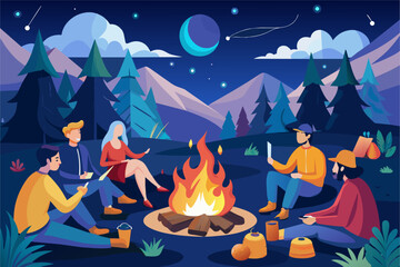 Poster - Illustration of a group of five people sitting around a campfire at night in a forest, with mountains in the background and a starry sky above.