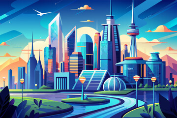 Fototapete - Colorful illustration of a futuristic cityscape at sunset with modern skyscrapers, a solar panel, futuristic transportation, and lush greenery set against a vibrant sky with clouds and flying birds.