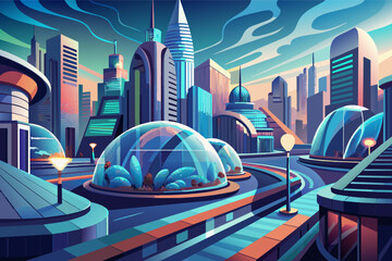 Poster - Vibrant digital artwork of a futuristic city at sunset with stylized buildings, a central dome structure, and elevated roadways under a colorful sky.