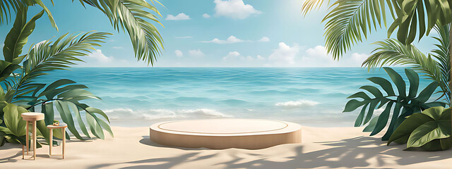  Beach podium summer background sand product 3D sea display platform. Beach podium summer banner stand scene sale sky holiday vacation stage water island sun travel pedestal promotion presentation ad.