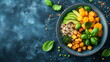 A colorful bowl filled with quinoa, sweet potato cubes, sliced avocado, broccoli, and garnished with fresh basil leaves on a dark background - Generative AI