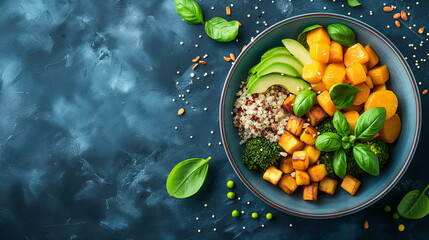 A colorful bowl filled with quinoa, sweet potato cubes, sliced avocado, broccoli, and garnished with fresh basil leaves on a dark background - Generative AI