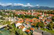 Aerial view of the Kranj town with mountain range at background, Slovenia.