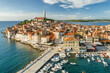 Aerial view of the Rovinj old town at sunset, Adriatic sea, Istria, Croatia