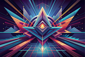 Poster - Colorful abstract geometric design with sharp, angular shapes forming a symmetrical pattern around a central glowing diamond-like shape