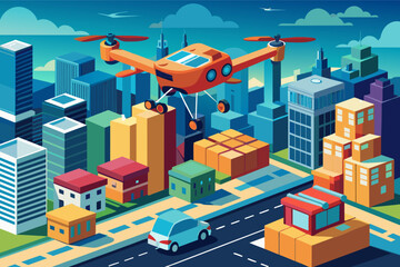 Poster - illustration of futuristic cityscape with towering skyscrapers transport in helicopter and drones