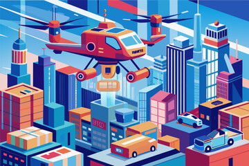 Poster - illustration of futuristic cityscape with towering skyscrapers transport in helicopter and drones