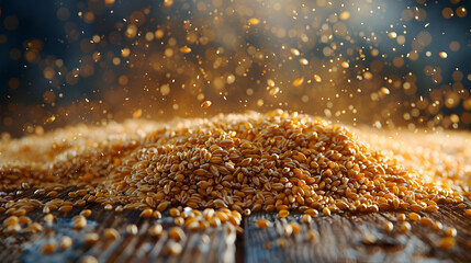 Wheat grain in a burlap bag spilled on a brown wooden rustic table, yellow ears on the background.