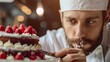 A charismatic closeup portrait of a pastry chef decorating a cake with precision, half body colorful strange bizarre sharpen blur background with copy space