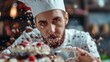 A charismatic closeup portrait of a pastry chef decorating a cake with precision, half body colorful strange bizarre sharpen blur background with copy space