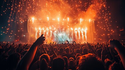 Wall Mural - Music Festival Atmosphere: Crowds gathering in front of a grand concert stage under the night sky.