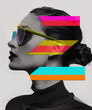 Black and white portrait of a beautiful woman with colorful neon accents, in the style of a cut paper collage, resembling a fashion magazine cover