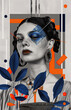 portrait of a woman with blue leaves in her hair, gray and orange, collage style