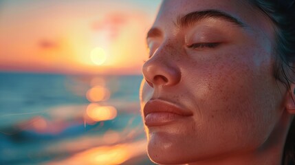 Wall Mural - A closeup of a womans face with her eyelashes highlighted by the sunset, her eyes closed in happiness. The sky is filled with clouds and backlighting, giving a tranquil dusk atmosphere AIG50