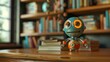 A charming electron puppet sits on a childs bookshelf ready to entertain and educate.