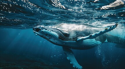 Sticker - A Baby Humpback Whale Plays Near the Surface in Blue Water. AI Generative