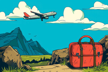 Wall Mural - A red suitcase is on the ground next to a mountain. The sky is blue with clouds. Concept of adventure and travel