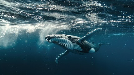 Sticker - A Baby Humpback Whale Plays Near the Surface in Blue Water. AI Generative