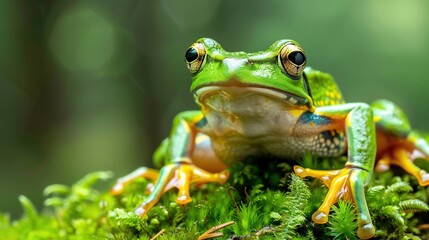 Poster - animal closeup, Gliding frog (Rhacophorus reinwardtii) sitting on moss. AI Generative